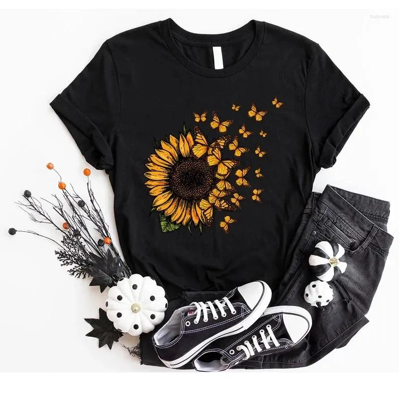 Frauen T -Shirts Sonnenblumenhemd Schmetterling Crewneck Grafik Tees für Frauen ihr inspirierendes Outfit Muttertag Geschenk Baumwolle Goth Y2K