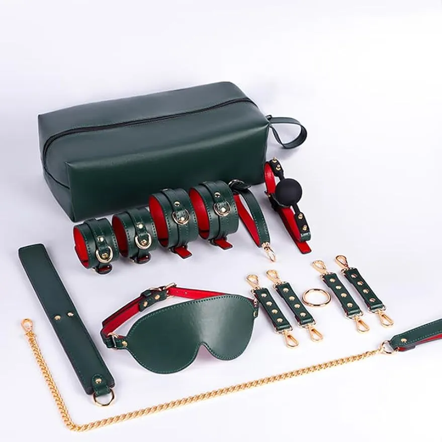 Kit de démarrage Light BDSM, 8 PCS Blackish Green Leather Room Bondage Restraint Ensemble, menottes, collier, chaîne de traction, bâillon, Toy sexuel pour adultes pour adultes