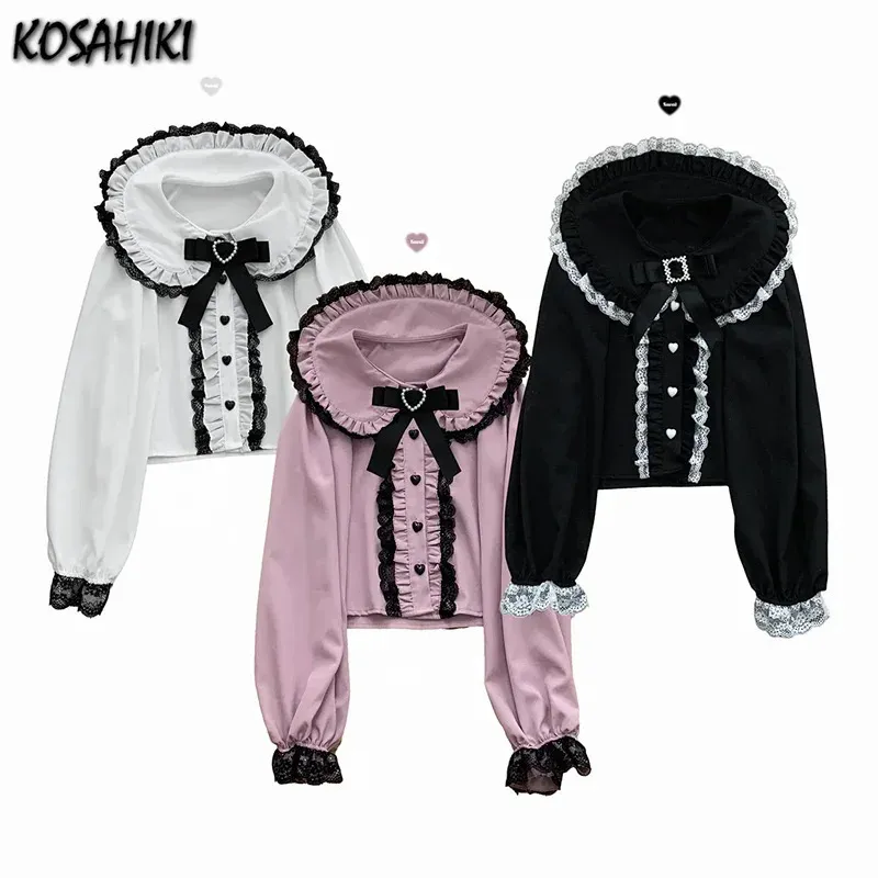 Słodka koronkowa patchwork z długimi rękawami bluzka Kobiety Japońskie Y2K HARAJUKU CAMISAS JK BOW BOWRUFLE SHIRT 2024 KAWAII BLUSA FEMME 240327