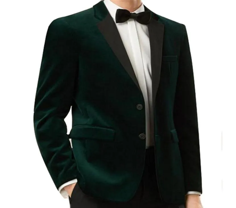 Tweede stuk Dark Green Velvet Wedding Groomsmen Tuxedos 2018 Custom Made Blazer Business Men Suits Black Pants Jacket1009550