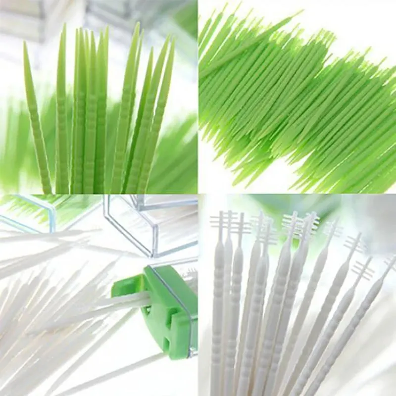 50-stcs/perceel draagbare wegwerpbaar plastic tandenstokers tanden reiniging tandheelkundige flosser reizen twee-head floss sticks kleur willekeurig