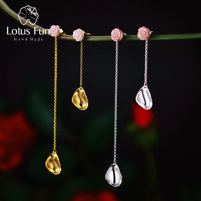 Pierścienie Lotus Fun Real 925 Sterling Srebrny ręcznie robiony designerka drobna biżuteria morska delikatne płatki róży nierówne kolczyki dla kobiet