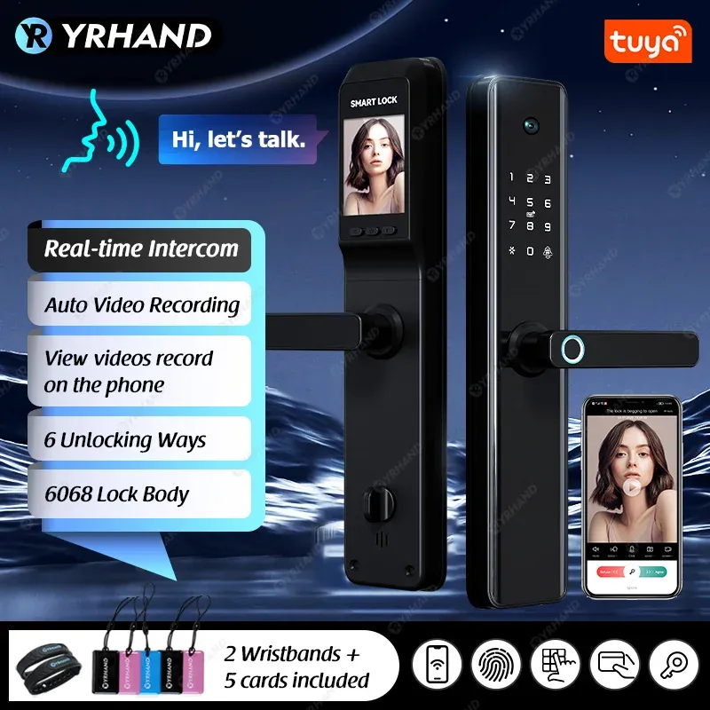 Lås yrhand Tuya WiFi Video Intercom Vattentät fingeravtryck Smart Lock Electronic Intelligent Biometric Code Digital Smart Door Lock