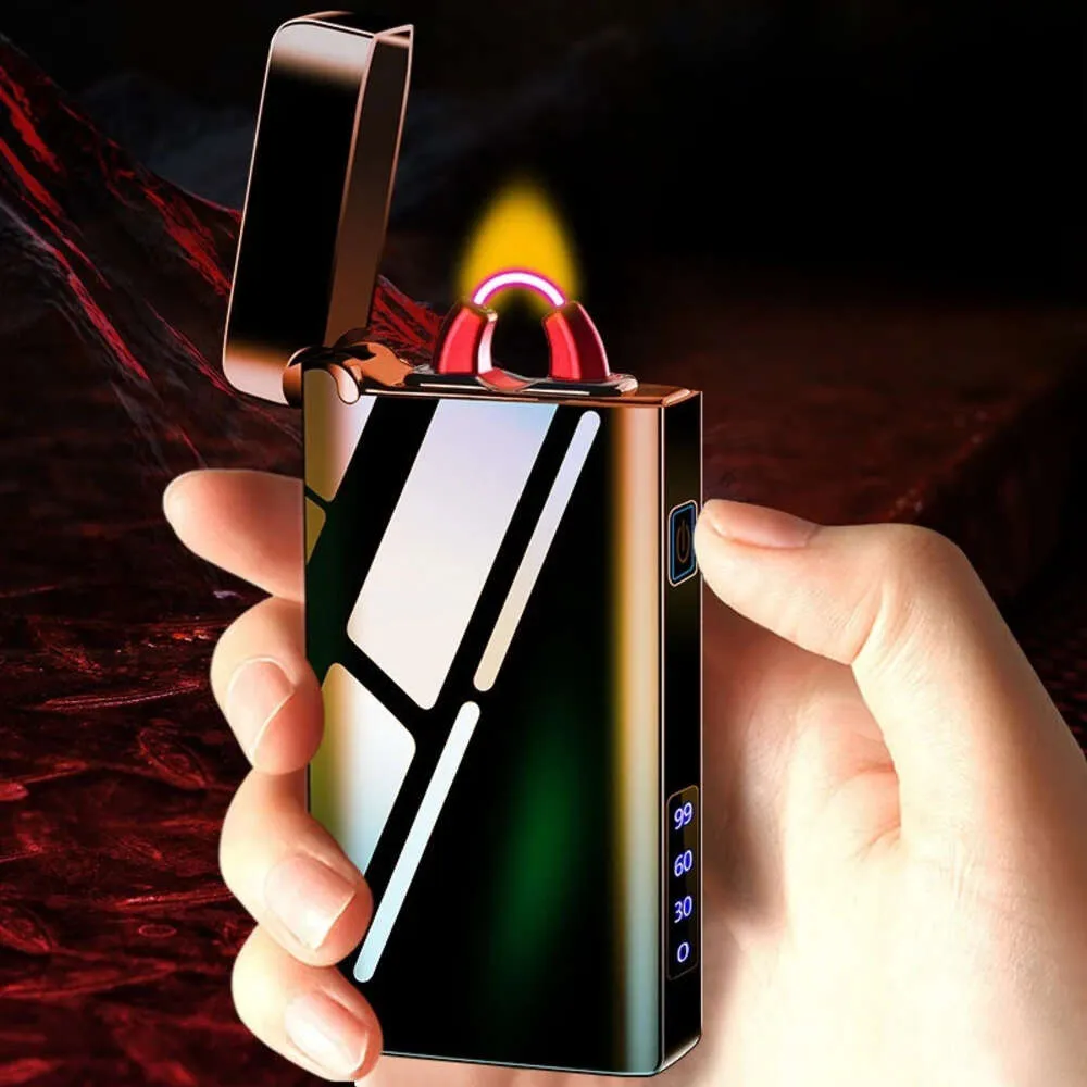 Metal Arc Flame Lighter USB Rechargeable Plasma Flameless Lighter Power Display LED Flashing Light Cigar Lighter Gadgets for Men