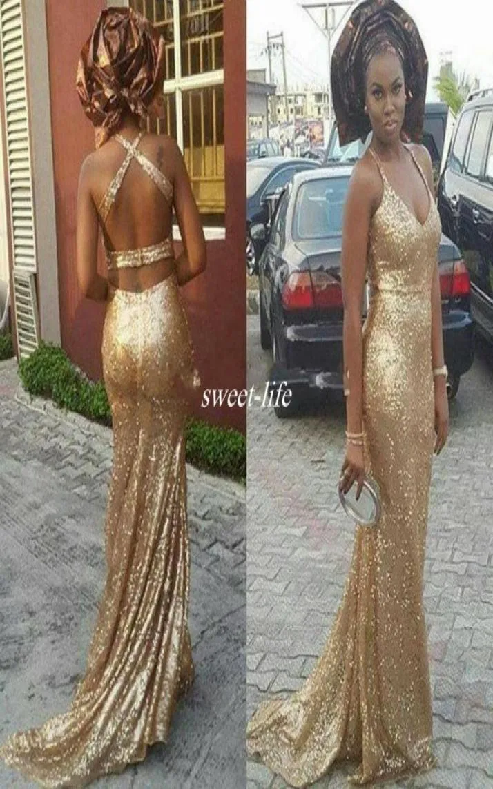 Sparkly Gold Sequin Backless Prom Dresses Mermaid Spaghetti Straps 2019 Billig arabisk stil Långt specialtillfälle klänningar Evening Par4219593