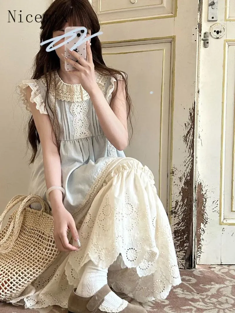 Work Dresses Sweet Blue Flying Sleeve Lace Blouses Sleeveless Top High Waist Slim White Long Skirt Set Summer Two Piece Women Outfits