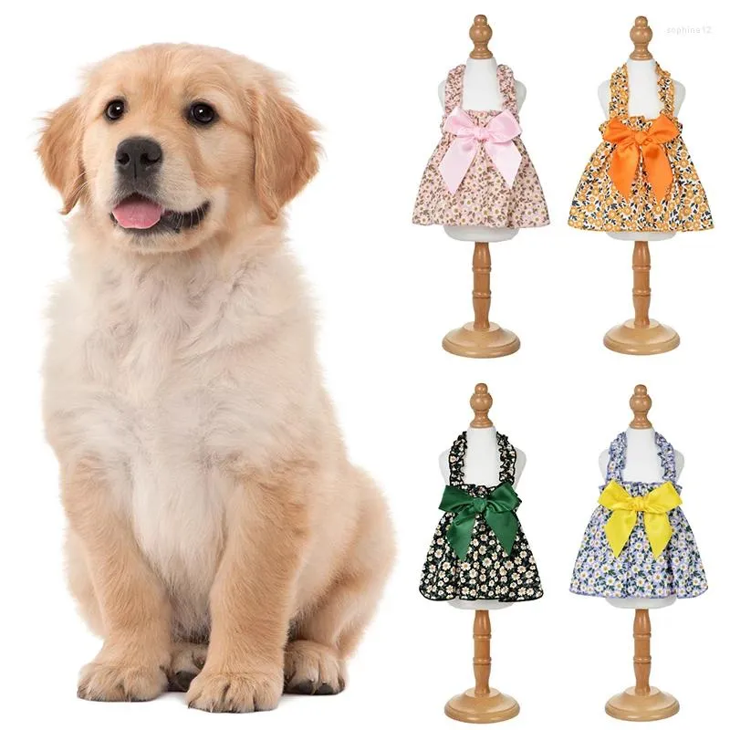 犬のアパレルリトルしわぬ菊肩ストラッププリンセススカートボウタイフローラルドレスサマーコットンスリングペット服猫