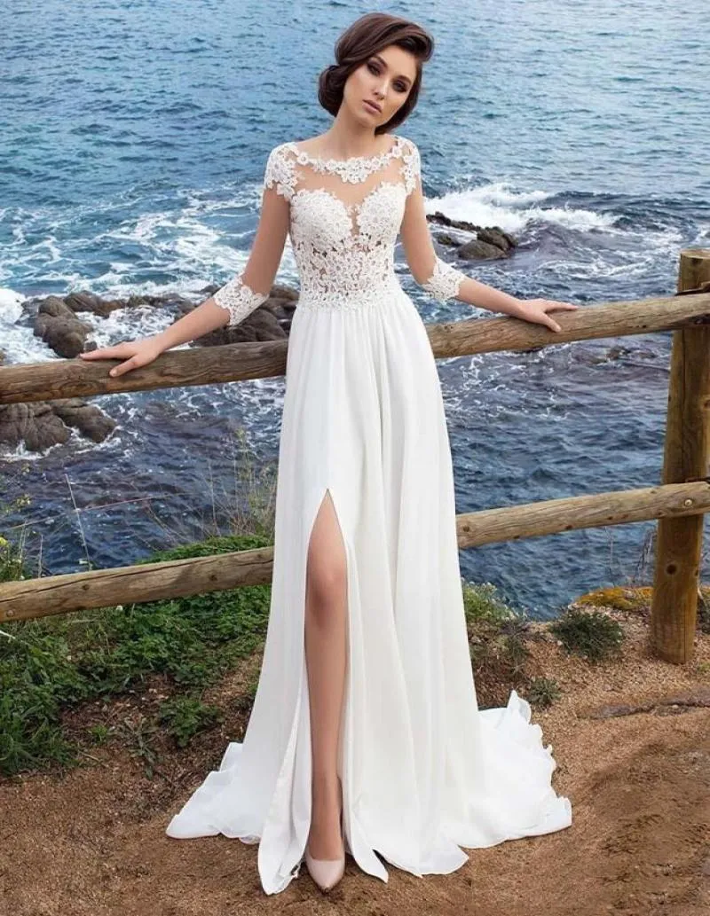 Ny stil 34 långa ärmar strand bohemiska bröllopsklänningar chiffong scoop nackapplikationer långa brudklänningar med sidospart Vestido D4747395