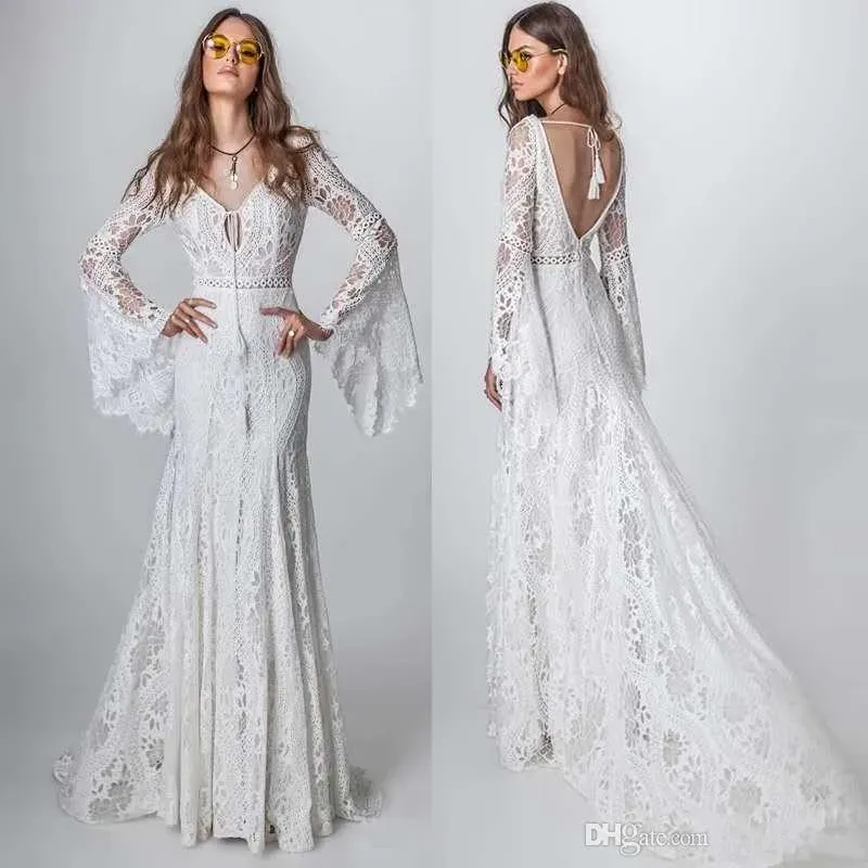 Dresses Bohemia Lace Beach Wedding Dress Vintage Mermaid Long Sleeve Vestido De Noiva New Crochet Country Wedding Dress Bridal Gowns