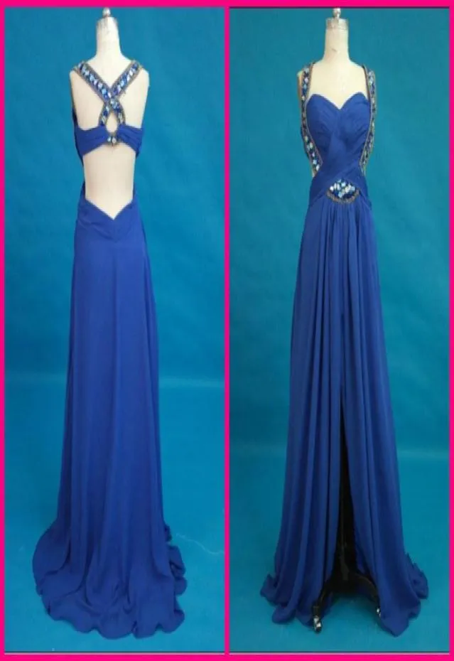 Royal Blue Sexy Essence Prom Dress Halter Pärled Crystal Ruched Chiffon Homecoming Party Evening Dress Custom Made Long Proms GOWN5624173