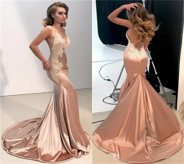 Sexy Backless Lace Mermaid Evening Dresses Spaghetti Straps Long Prom Party Gowns Custom Made Red Carpet Dress1450063