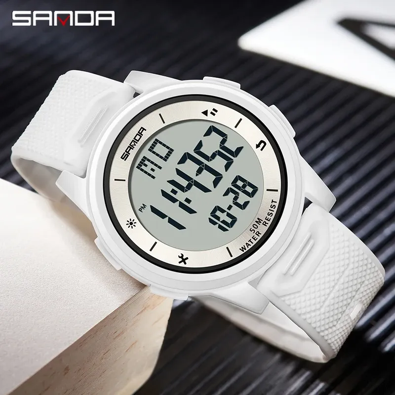 Watches SANDA Fashion Simple White Sport Watches Men Military LED Digital Watch Alarm Clock Chronograph 50M Waterproof Relogio Masculino
