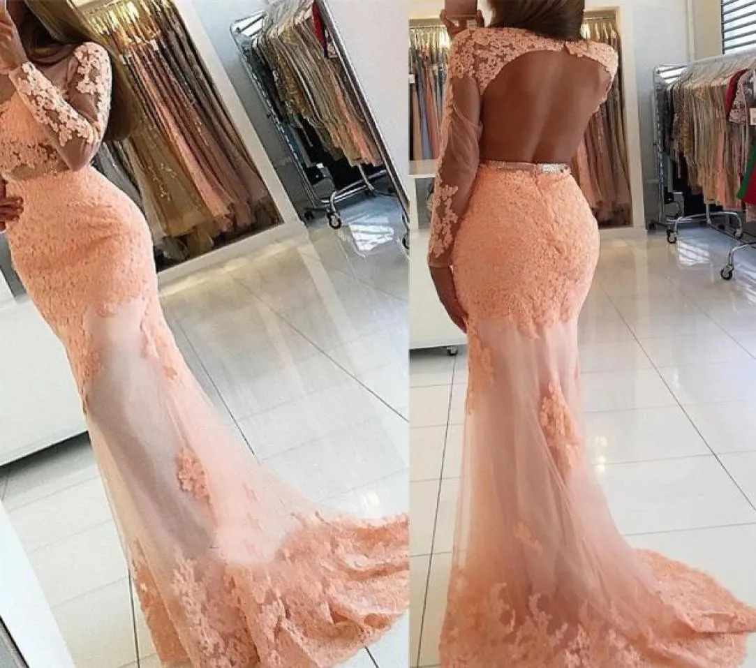 NOUVEAUX applications en dentelle de sirène à manches longues Robe de bal à cou de gamme Voir à travers la robe de soirée sirène Vestido Formatura4573959