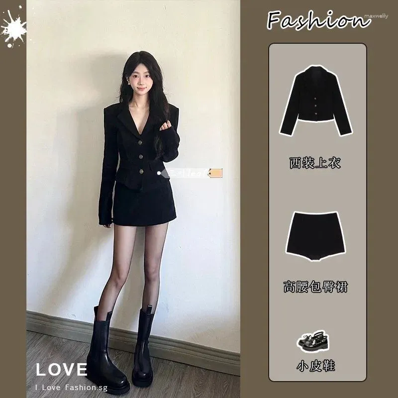 Work Dresses Women Two-piece French Black Royal Suit Hip-covering Skirt Small Fragrant Jacket Slim Style Commuting Simple POLYESTER