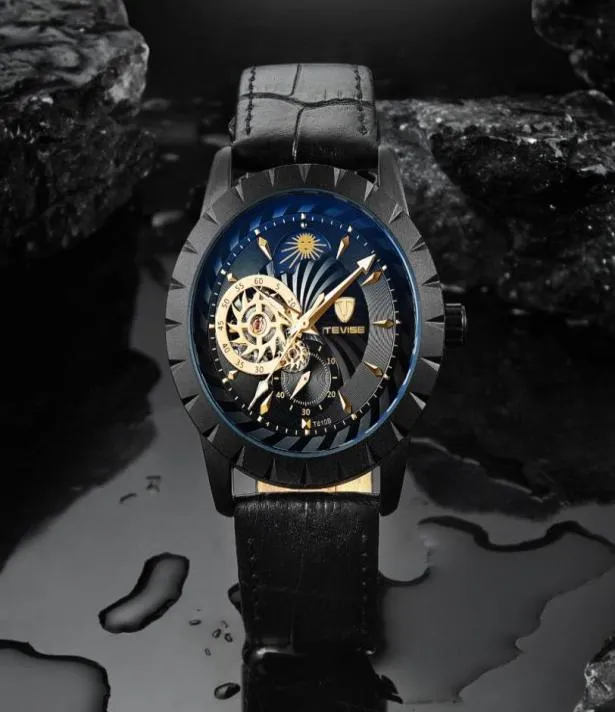 2019 Tevise Mens Watches mécaniques Automatique Automatique Regarder en cuir noir Moon Phase Tourbillon Business Luminal Wristswatches9125297