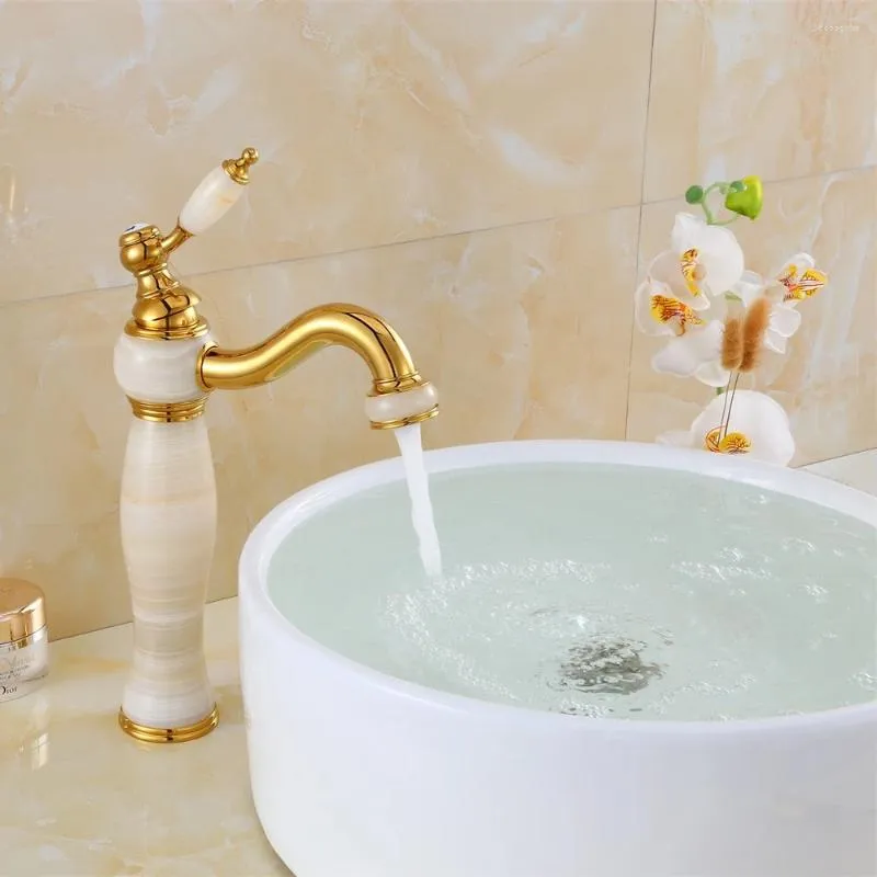 Waschbecken Wasserhähne Luxus natürliche Marmordekoration Eitelkeiten Wasserhahn Messing Gold-plattierte weiße Jade