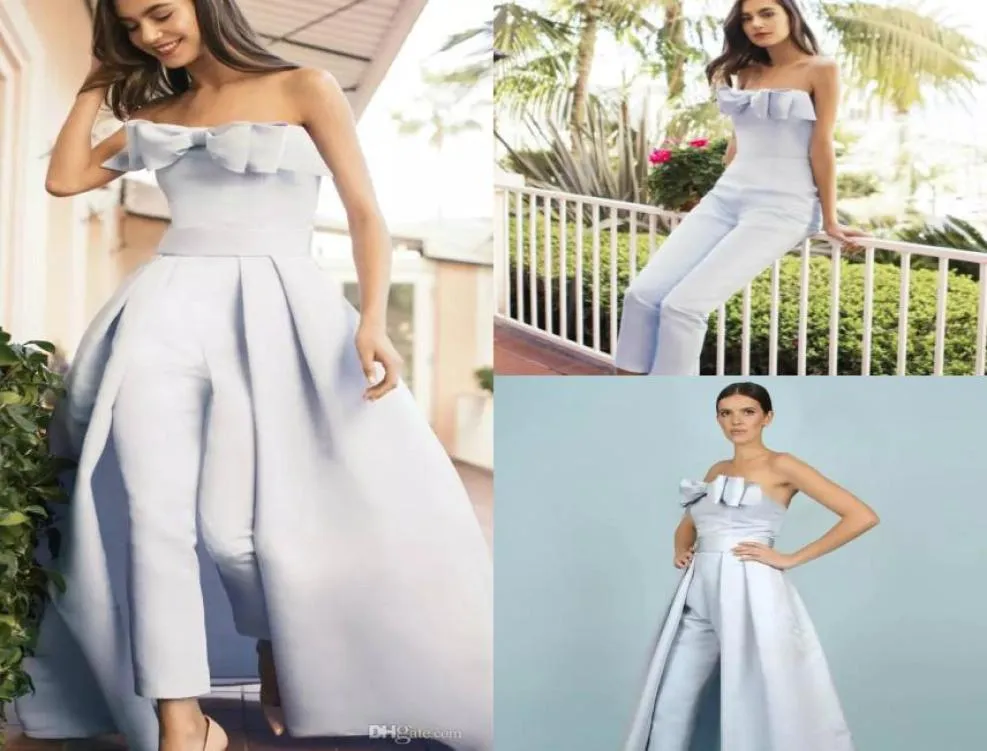 Light Sky Blue Women Jumpsuits With Detachable Train Bow Strapless Neck Elegant Prom Dress Party Formal Evening Gowns Satin Oversk4724409