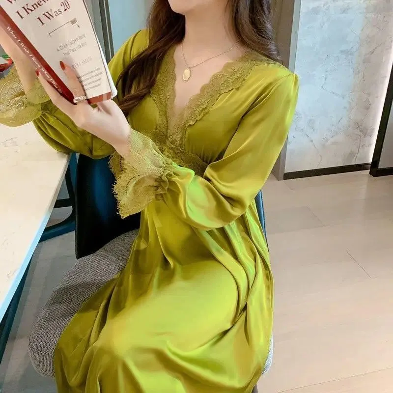 Women's Sleepwear Sex Appeal Nightdress Female Spring And Autumn Ice Silk Lace Long Sleeve Above The Knee Loungewear Can Be Worn Outside