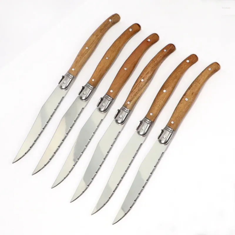 Knivar Jaswehome 6-stycken Serred Steak Set Dinner Knife Cutlery Solid Wood Handle Full Tang Steel Laguiole Table Sharp