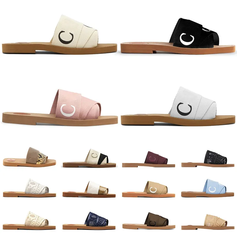 Gratis fraktskor Woody Designer Sandaler Sandaler Famous Designer Women Slides Flat klackar Spets Lokaler Tyg Canvas Sidhippers Sandale Luxury Shoes Sliders