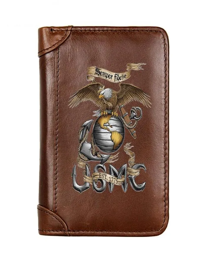 محفظة فاخرة من الجلد الأصلي محفظة الرجال الولايات المتحدة فيلق مشاة البحرية Semper Fidelis Pocket Slim Card حامل الذكور المحافظ القصيرة هدية 4477564
