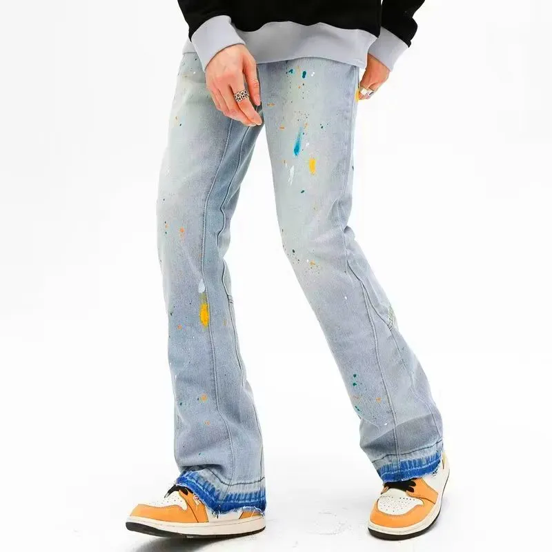 Y2K Fashion Ink Graffiti Backgy Ruped Flare Jeans Jeans Jeans для мужчин одежду корейские повседневные женщины джинсовые брюки Vetements Homme 240401