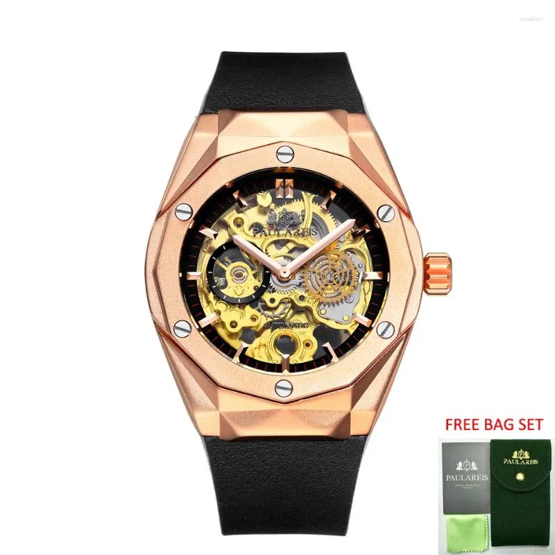 Montres-bracelets montres automatiques pour hommes squelette mécanique self-wind rose rose or argent noire casse caoutchouc sportive reloj hombre baratos