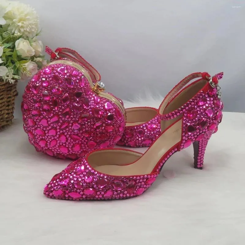 Sandals Crystal Fucshia Pink Bridal Wedding Shoes Summer Women's Party Dress And Bag Set Pointed Toe Rhinestone Handbag 7cm