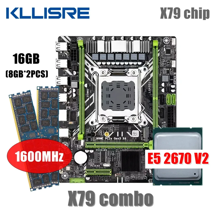 Материнские платы Kllisre x79 Motherboard Combo Set Set LGA 2011 E5 2670 V2 ЦП 2*8 ГБ памяти DDR3 1600 ECC RAM
