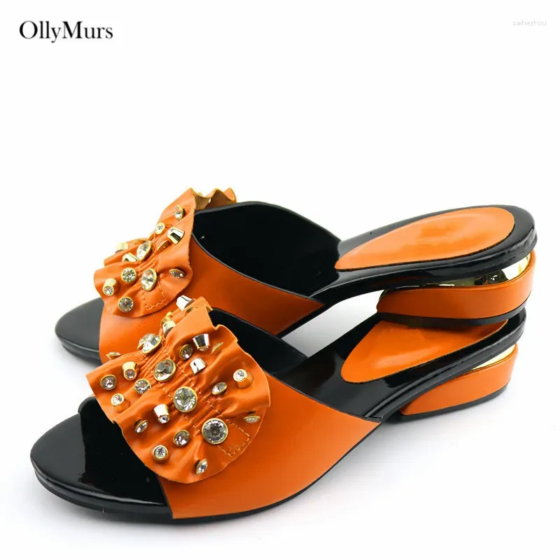 Dress Shoes High Quality Decoration With Rhinestone Ladies African Style Orange Color Woman Heels For Party