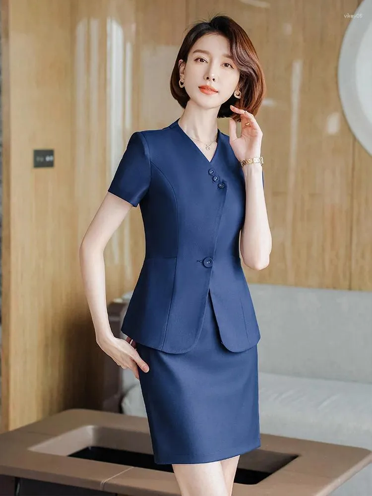 Blue Blazer Skirt Suit for Women Short Sleeve Workwear Office