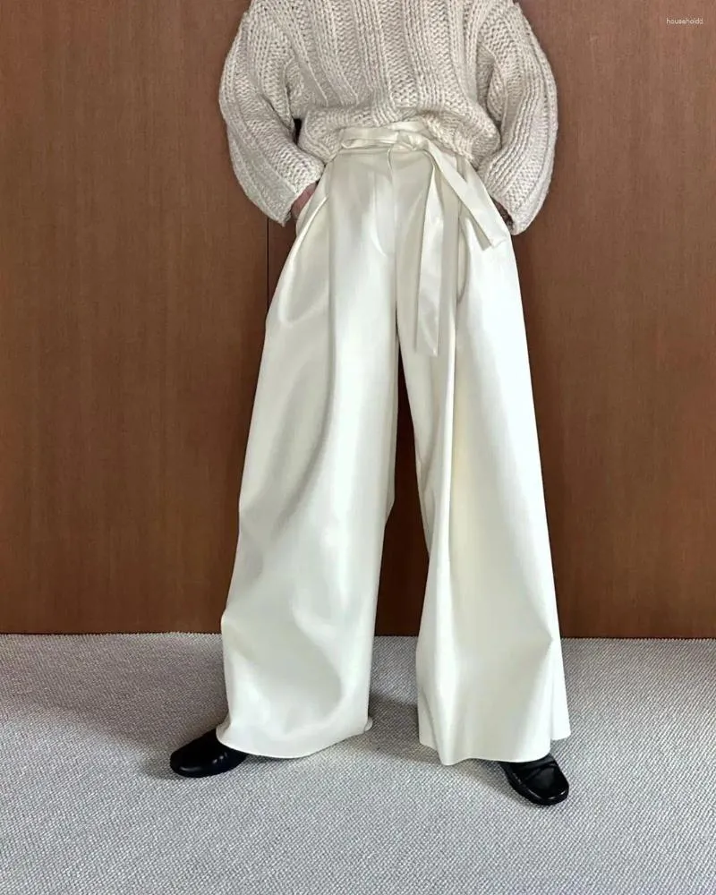 Calças femininas Superaen 2024 Autumn/Winter estilo japonês Pu Leg largo largo casual solto casual