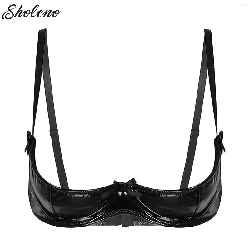 Bras Women Open Breast Cup Bra Glossy Patent Leather Underwired Push Up Underwear Wet Look Unlined Brassiere Bralette