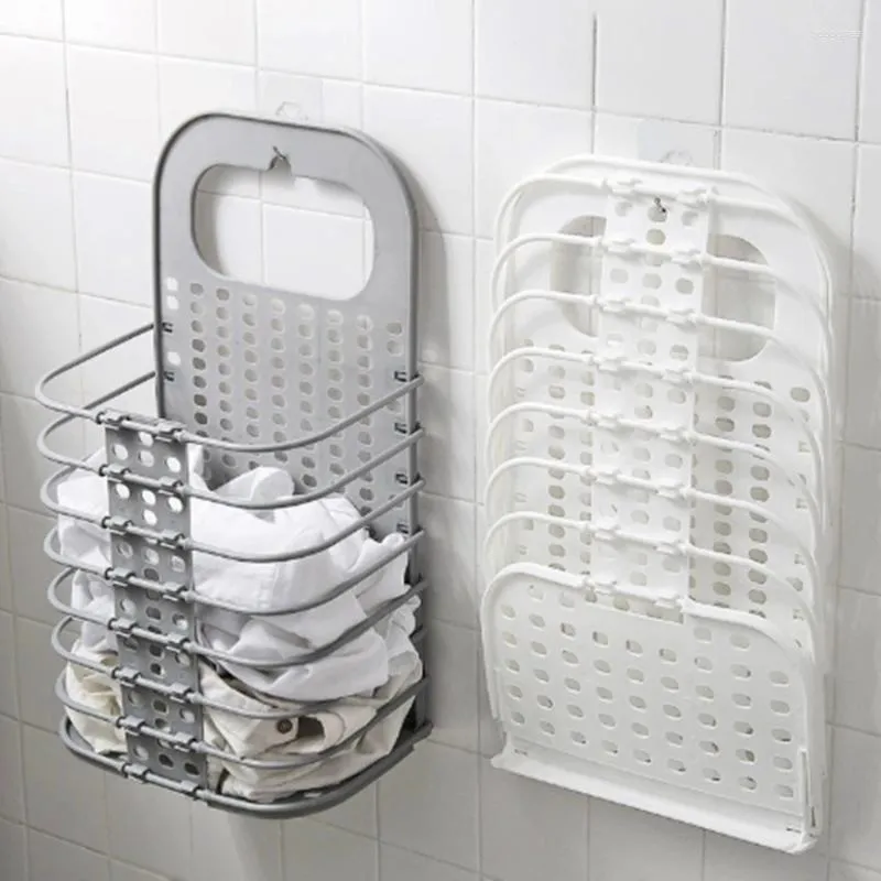 Hooks Wall-mounted Laundry Bag Foldable Soiled Clothes Basket Bathroom Accessories Organizer L Size White Grey Plastic