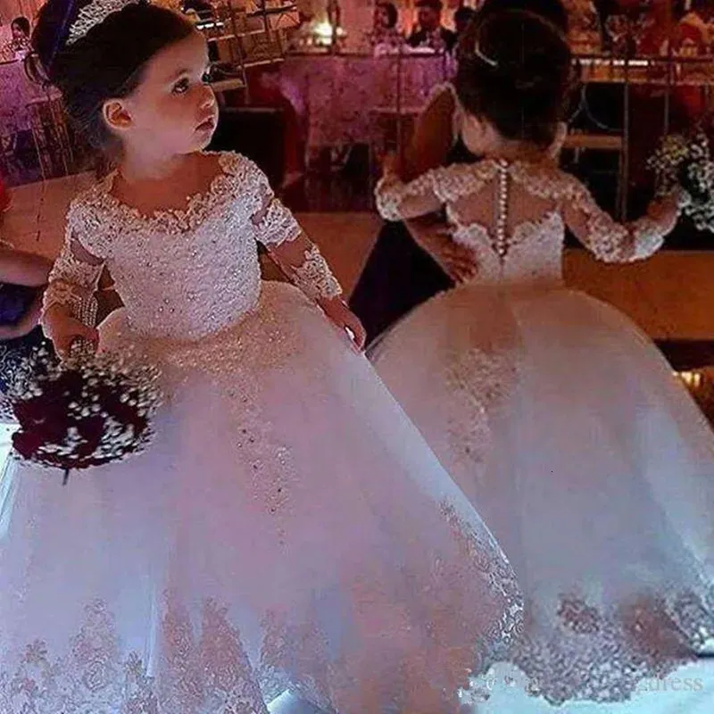 Kwiatowe sukienki na wesela Tiulowy księżniczka koronkowa długość rękawów Święta Pierwsza Komunialna sukienka konkursowa sukienka dla dziewcząt 240323