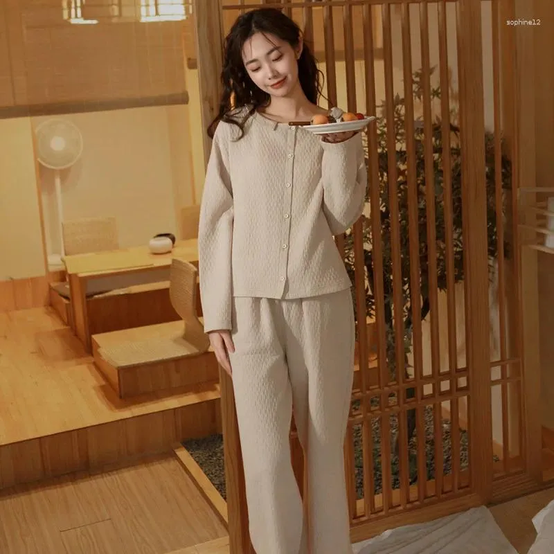 홈 의류 봄과 가을 여성 가구 면화 이중층 자카드 라운드 넥 가디건 일본 나이트웨어 세트 얇은 스타일