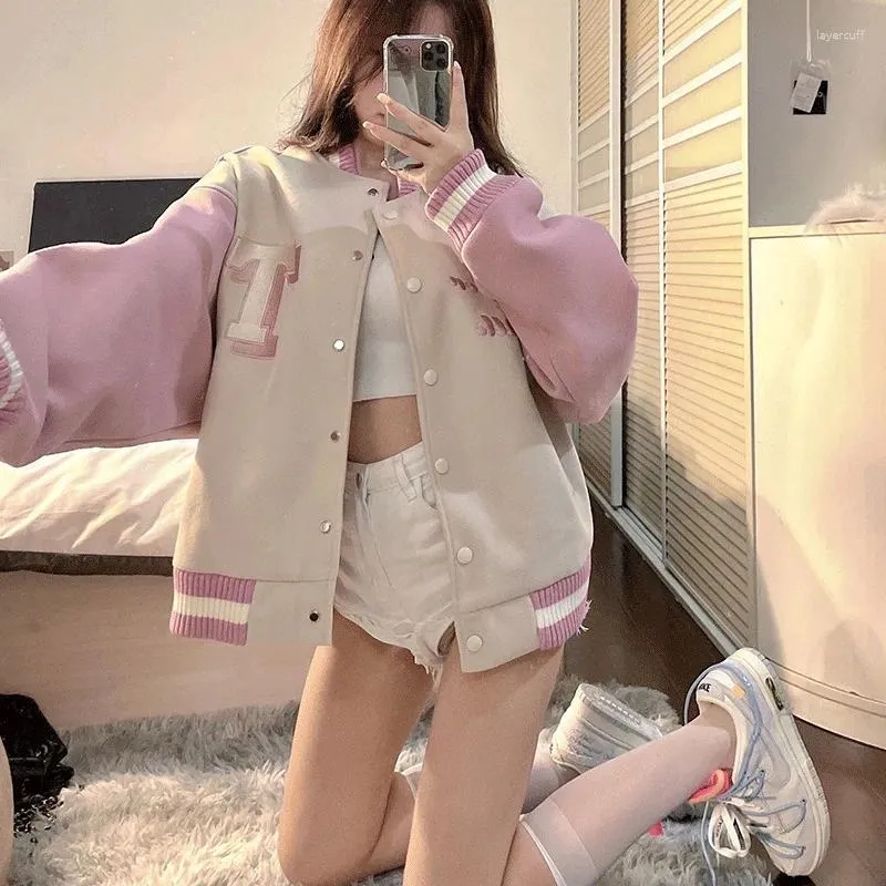 Jackets femininos Autumn Bordeded Pink Baseball Jacket for Women American Niche Street Loose Woolen Ins Moda