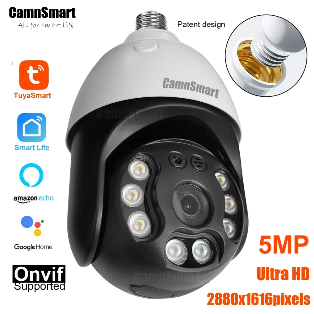 Cameras Camnsmart Tuya 5MP Alexa Wifi Bulb Camera E27 Google Home Wireless CCTV Outdoor Video Surveillance Security Support Onvif NVR