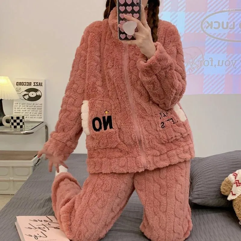 Hemkläder damer förtjockar flanellpyjamas Autumn Winter Long Sleeve Top With Pants 2 Piece Set Women Pyjamas Set Dragkedja Plush Clothes