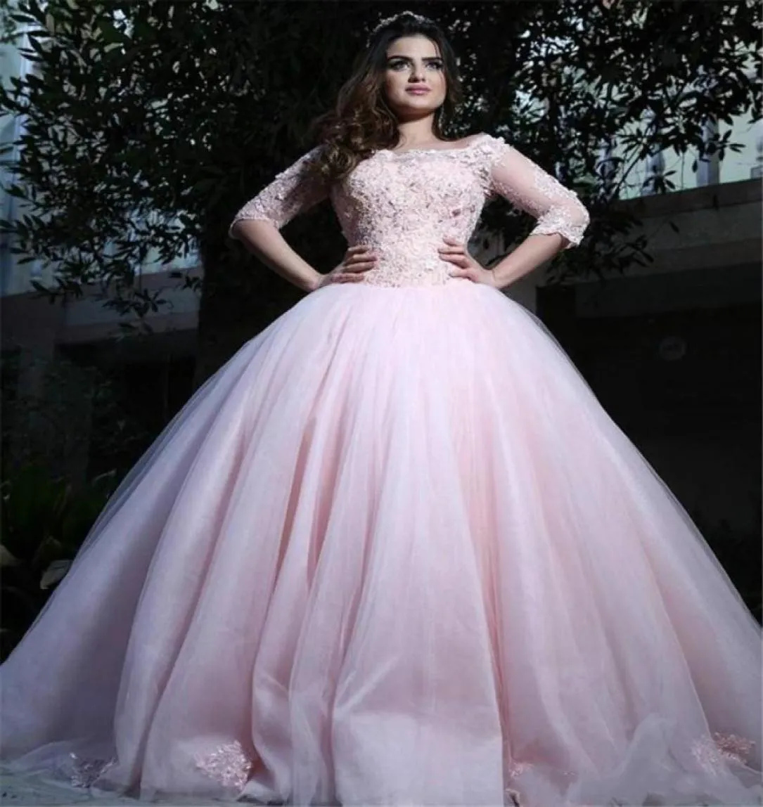 Fashion Pink Gown Quinceanera Dresses Half Sleeve Sheer Neck Lace Applique Tulle Bodice Long Prom Dresses Formal Party Ball Custom8912607