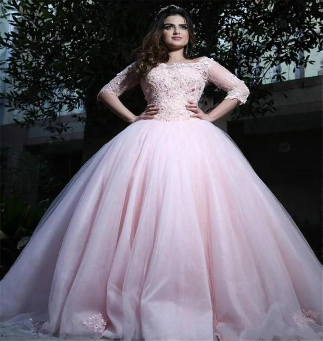 Abito rosa della moda abiti Quinceanera abiti a mezza manica alette in pizzo di pizzo di tulle di tulle abiti da ballo lunghi balli di festa formale personalizzato 8912607