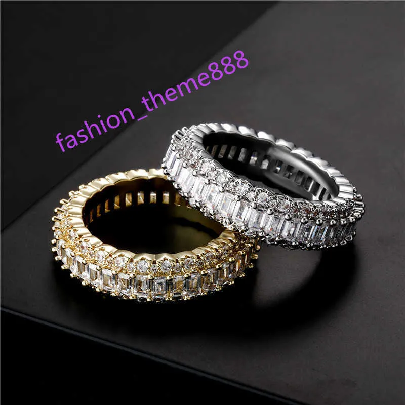 18k med sidostenar Vittguldpläterade Iced Baguette Rings Full Micro Pave Cubic Zirconia Hip Hop Jewelry Party