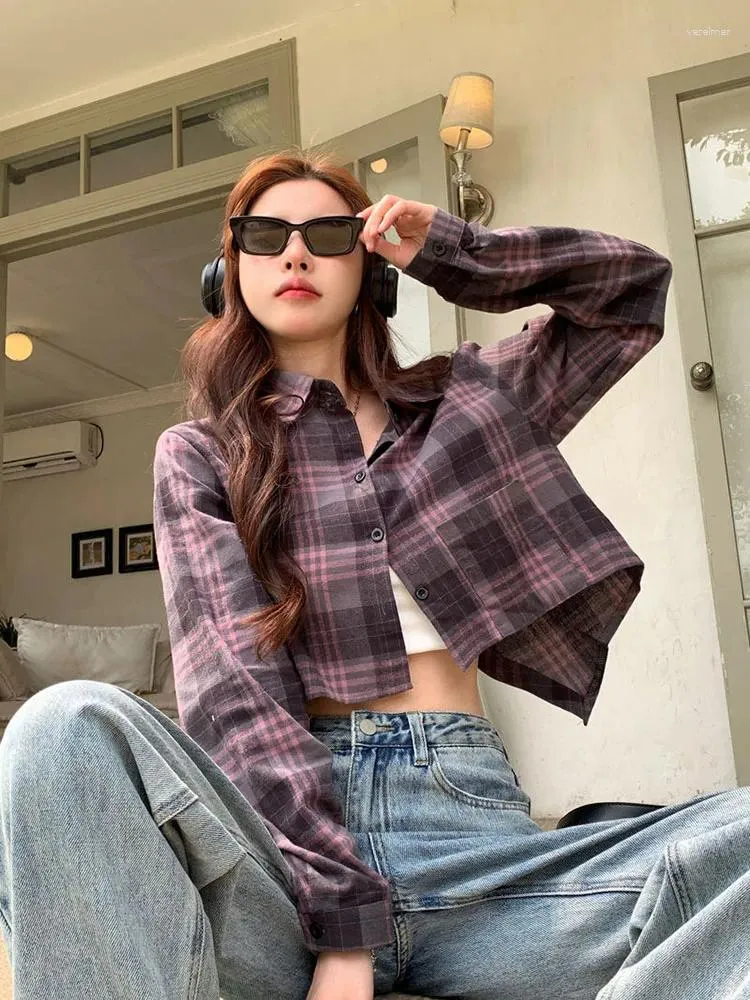 Blouses voor dames zoete kruidige contrasterende grijs roze plaid met lange mouwen shirt 2024 lente/zomer achterste split short top