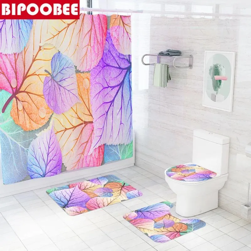 Shower Curtains Colorful Leaves Curtain For Bathroom Decor Toilet Cover And Bath Mat Non-slip Rug Bathtub Waterproof Polyester