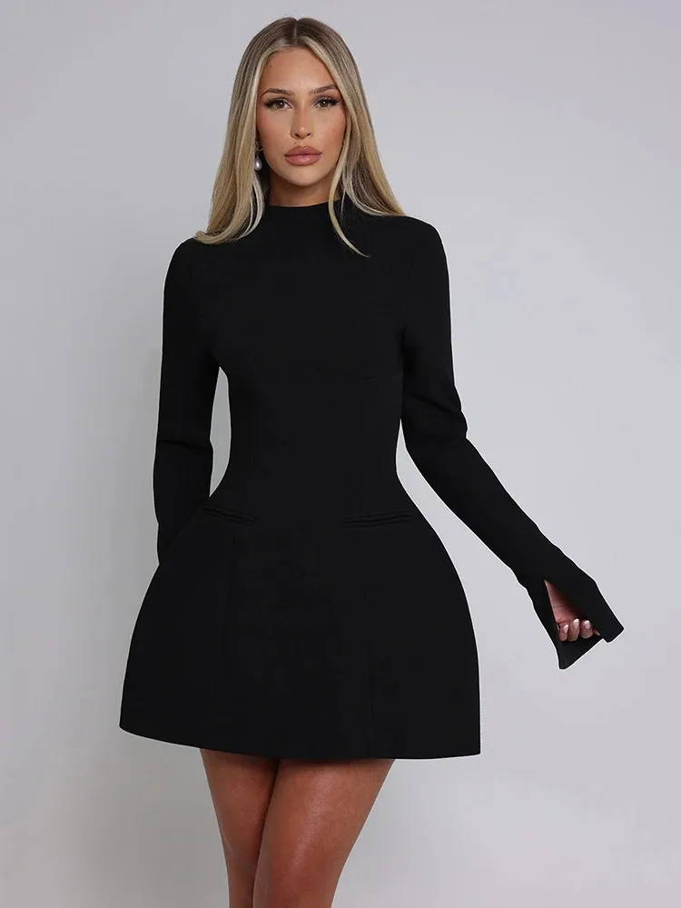 chinese dress ladies Plungey Long Sleeve Mini Shapewear Dress - Black main image 1