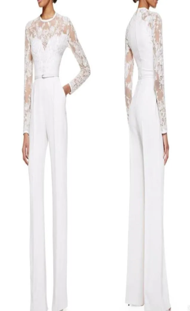 2019 White Elie Saab Mutter der Braut Hose -Anzüge Jumpsuit mit langen Ärmeln Spitzenverzerrte Frauen formelle Kleider Abend Wear9287845