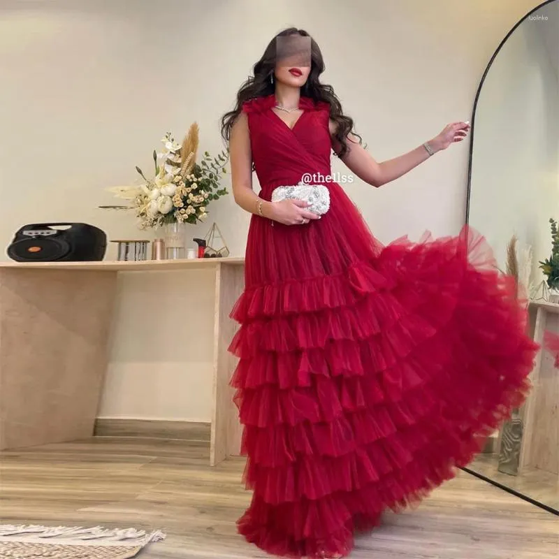 파티 드레스 Xijun Red Tiered Ruffles Tulle Evening V-Neck Sleeveless Pleat Ruched Saudi Arabic A-Line From Gown 공식 드레스