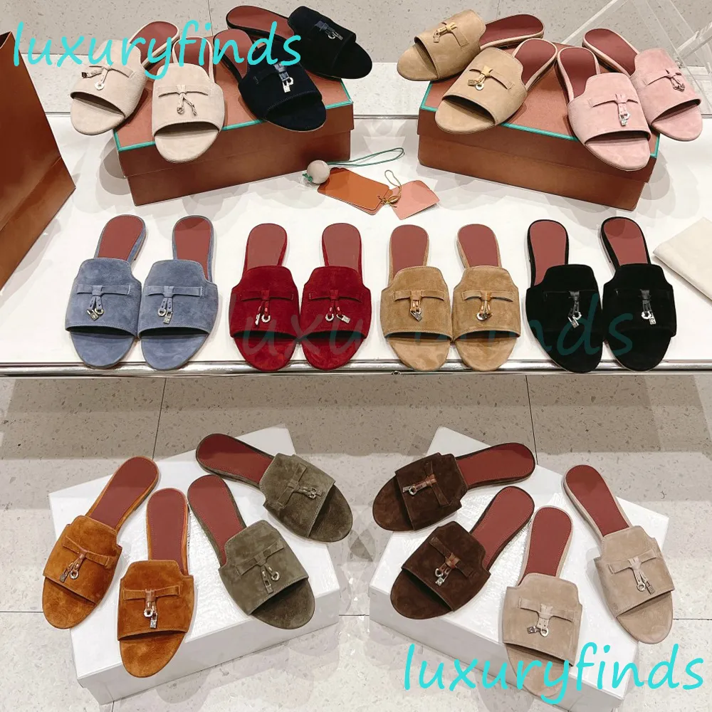 Mule Women's Summer Charms en cuir Pantoufles en daim Chaussures de gant à chèvre Charmes Créateurs de sandale Slippers Summer Taille de luxe 33-42 Sole dermique avec sac à poussière Box