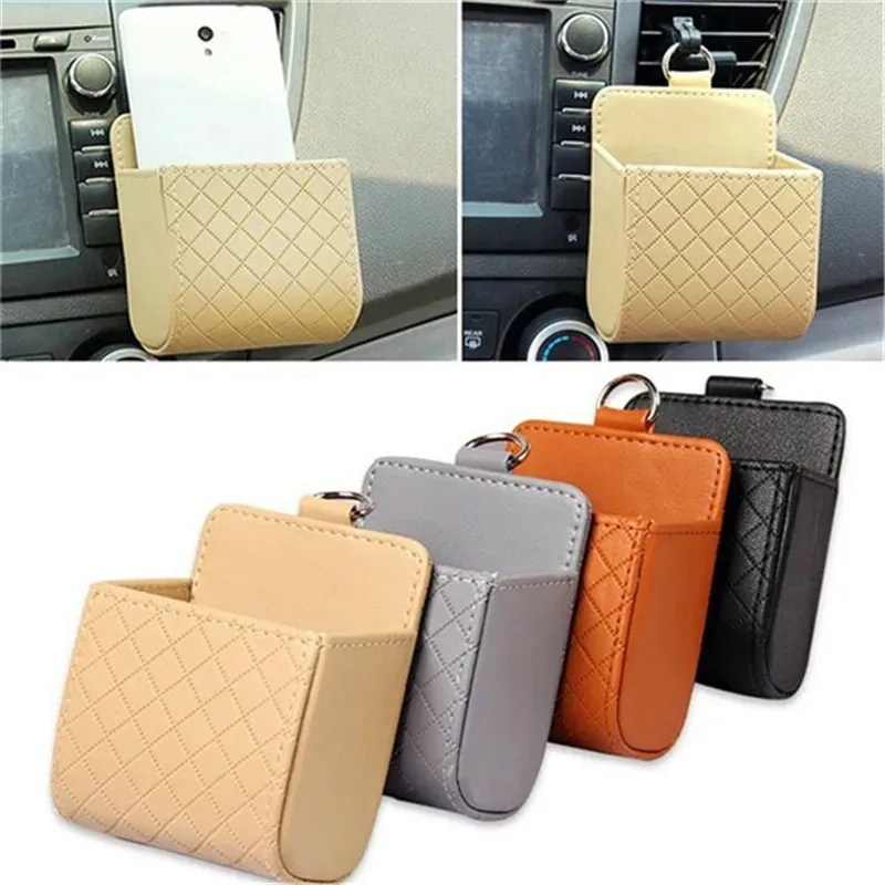 Car Outlet Vent säte Back Tidy Storage Box Pu Leather Coin Bag Pocket Organizer Hanging Holder Pouch Hanging Storage Organizer