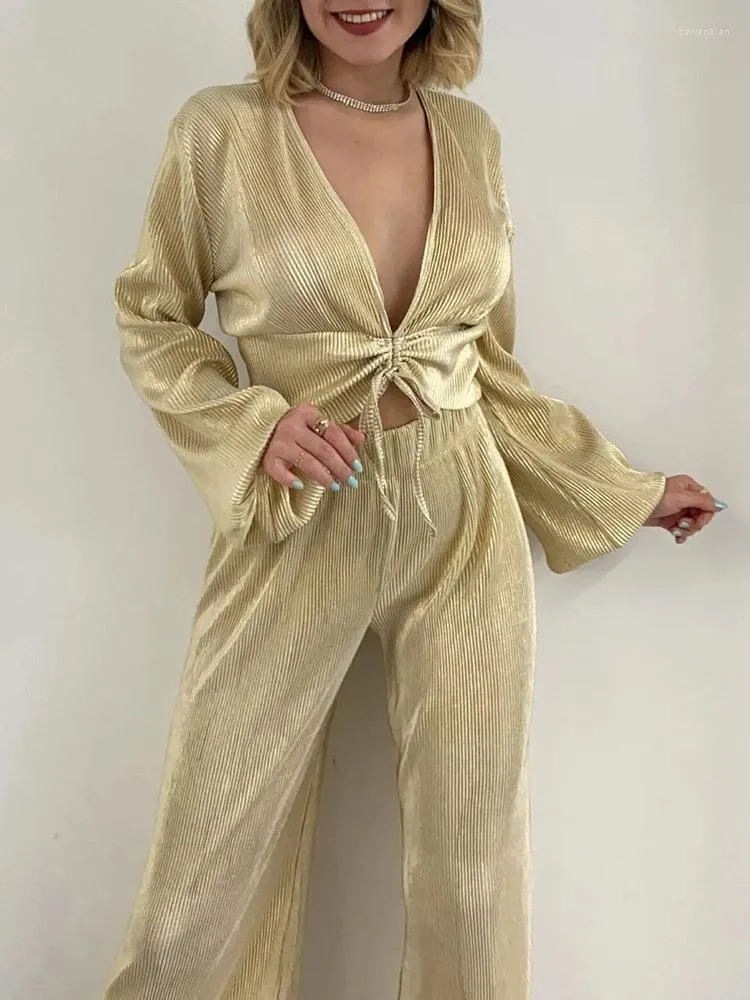 Vêtements à la maison Femmes Pyjamas 2 pièces Ensemble décontracté à manches longues Slit Hem Bouton Down Down Pantalon Pantalon de jambe Loungewear